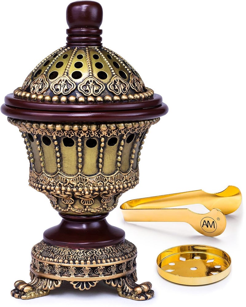 AM Charcoal Incense Cone Burner â€“ Resin & Charcoal Holder | Decorative Mabkhara Style Aroma Diffuser for Home, Office, and Relaxation Spaces (Bronze) - Image 1